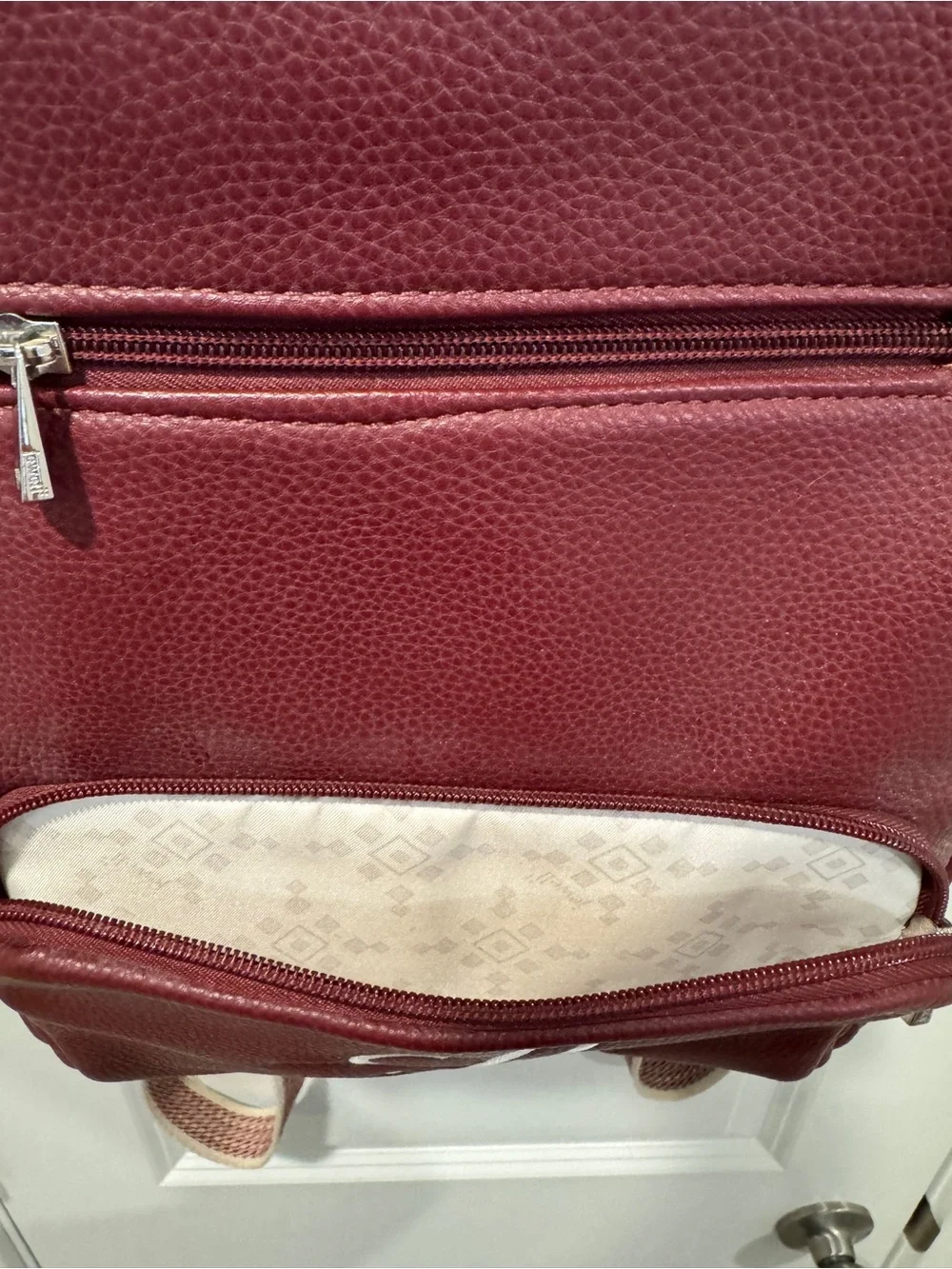Thirty-One Monogram 'L' Burgundy Faux Leather Backpack
